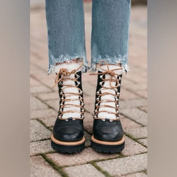 Marc Fisher LTD Izzie Shearling-Lined Leather Work Boots Black Size 9.5 - Picture 2 of 6